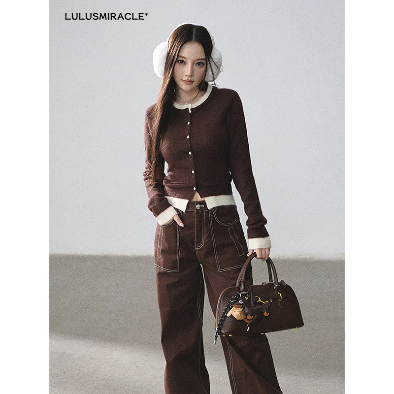 LulusMiracle【温暖相拥】绵羊毛假两件针织衫上衣+直筒牛仔裤女