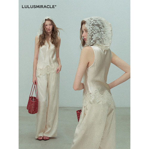 Lulusmiracle【金合欢】夏季醋酸气质法式无袖拼接蕾丝帽上衣