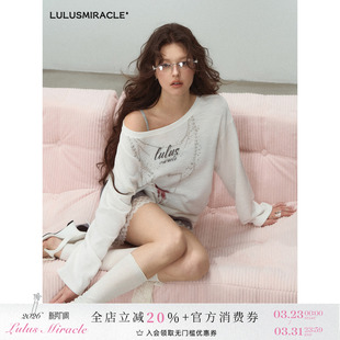 上衣女白色印花T恤 甜美少女感斜肩长袖 LulusMiracle 礁白之境