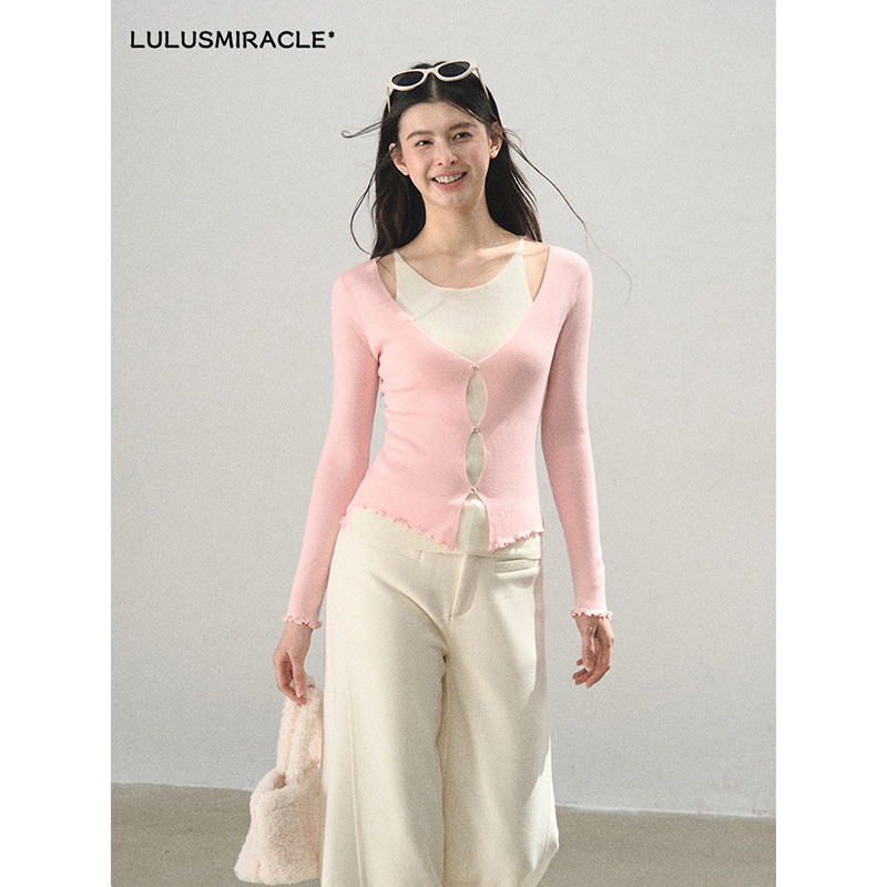 LulusMiracle【彩虹马芬】李小璐同款春季修身假两件粉色针织上衣