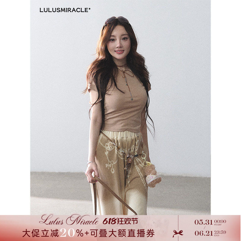 LulusMiracle【璐式CHIC】设计款卡其色短袖T恤+100棉休闲裤套装