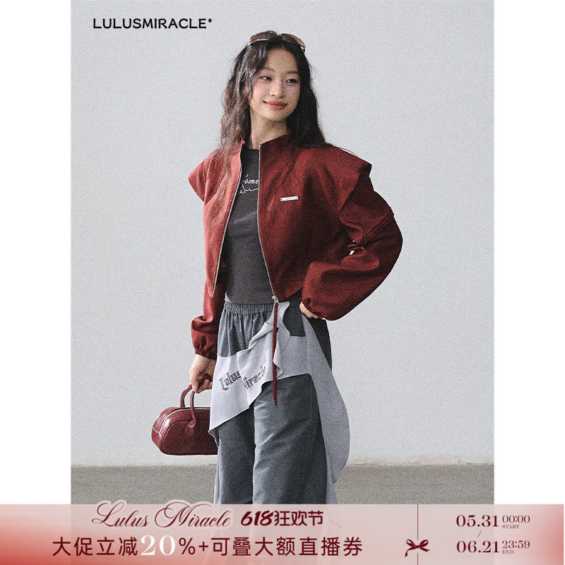 Lulusmiracle【飞行日记】美式短款机车夹克立领外套女休闲裤套装