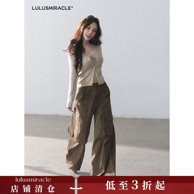 LulusMiracle【原宿街头】春季羊毛针织开衫+吊带背心+工装裤套装