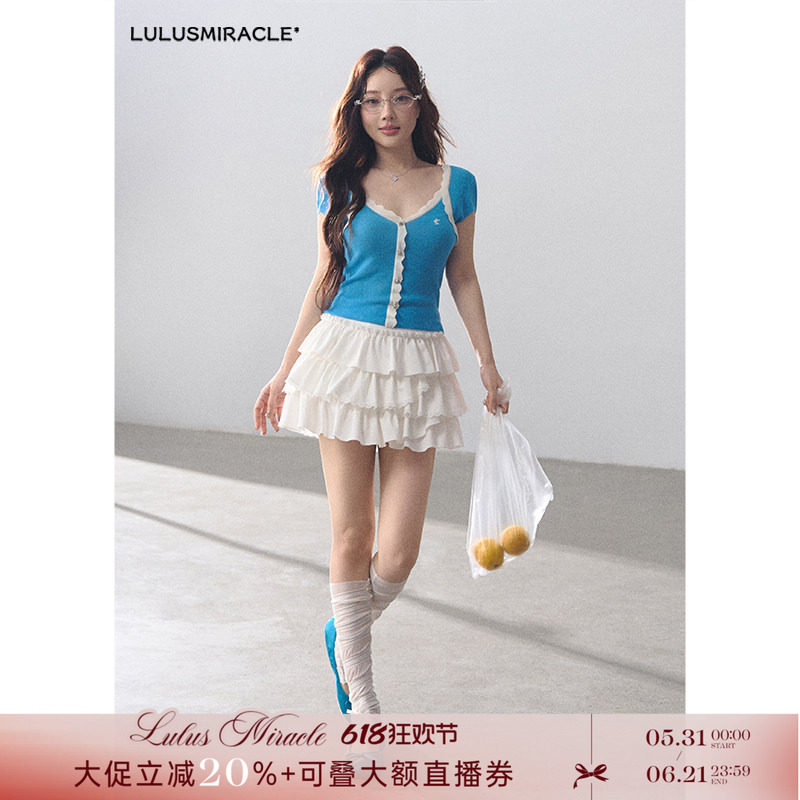 LulusMiracle【海岛胶片】李小璐蓝色冰丝针织短袖上衣半身裙套装