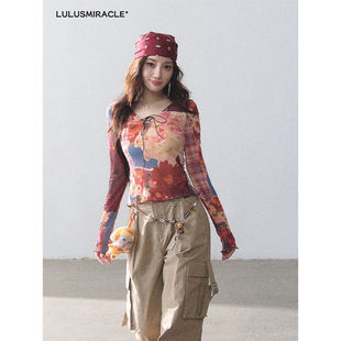 LulusMiracle【艺术周末】春季复古辣妹风长袖上衣牛仔工装裤套装