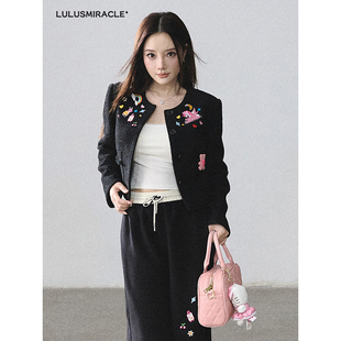 LulusMiracle【精灵工坊】手工绣花黑色小香风外套+休闲长裤套装
