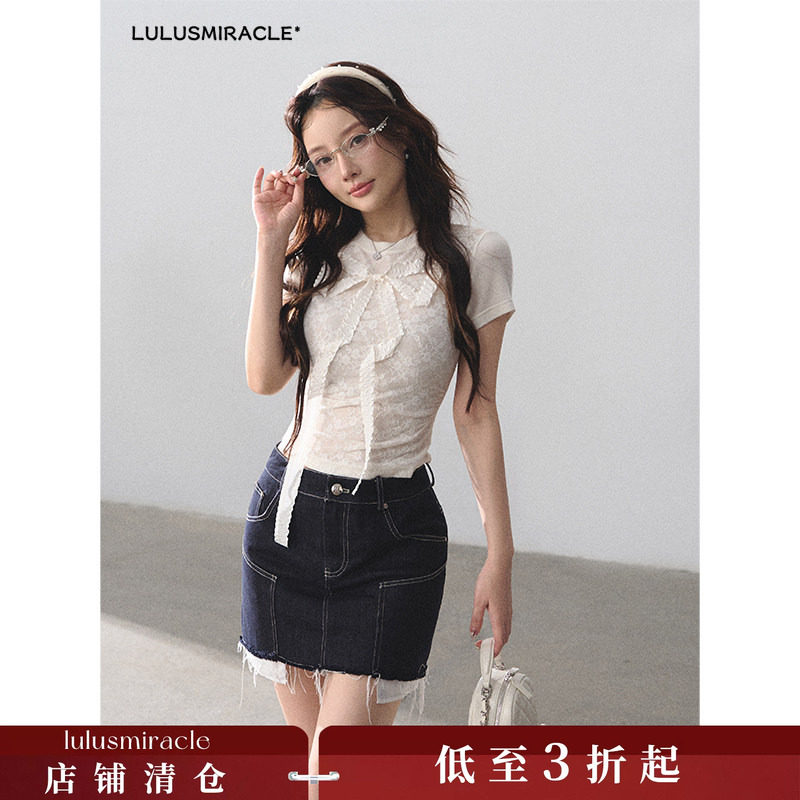 LulusMiracle【等你下课】少女感蝴蝶结网纱短袖上衣牛仔半裙套装
