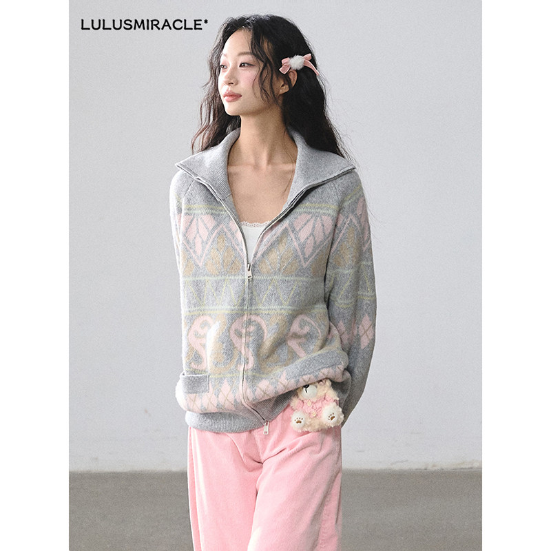 Lulusmiracle【雪夜余温】宽松灰色高领针织费尔岛毛衣外套女开衫