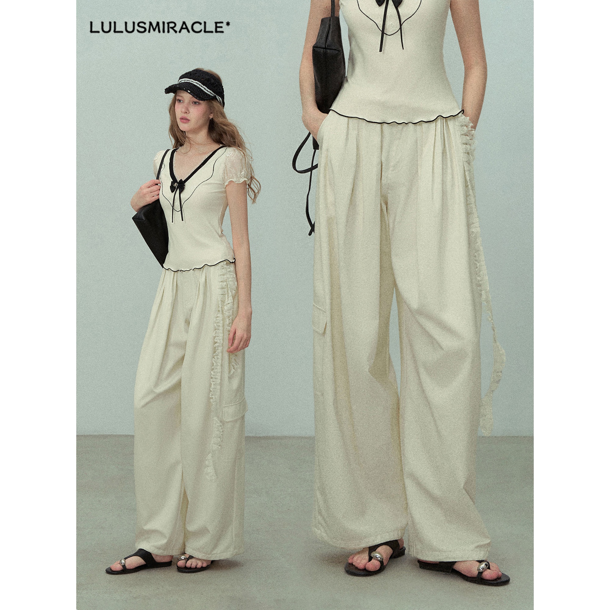Lulusmiracle【都市冒险】小璐同款夏时尚高腰米色休闲伞兵裤长裤