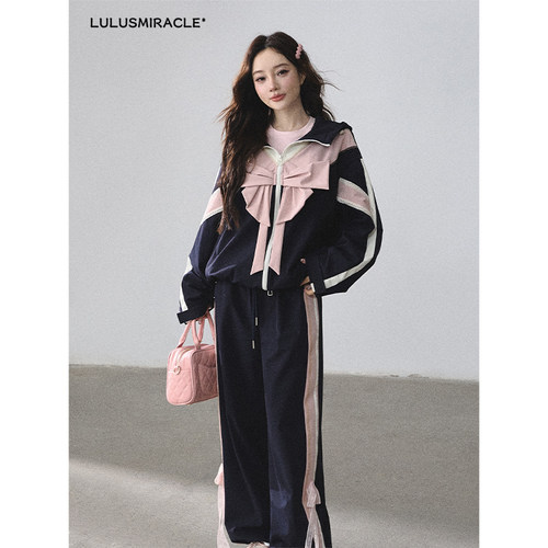 Lulusmiracle【学院开放日】学院风蝴蝶结撞色连帽外套休闲裤套装