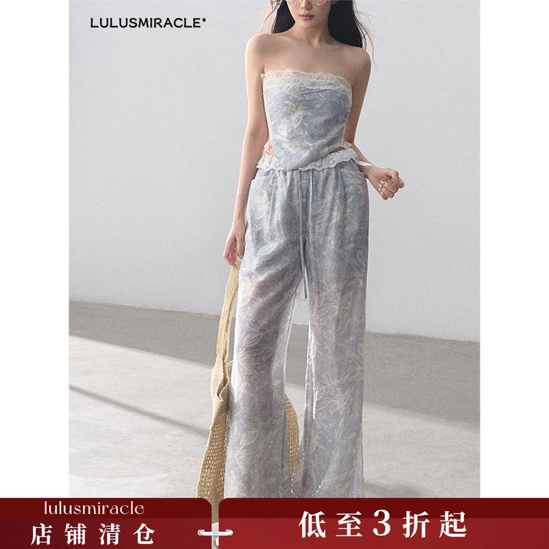 LulusMiracle【青花瓷】甜辣风蕾丝拼接一片式抹胸上衣休闲裤套装