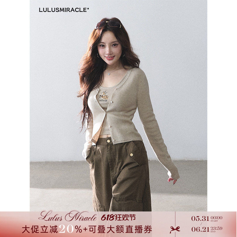 LulusMiracle【原宿街头】春季羊毛针织开衫+吊带背心+工装裤套装