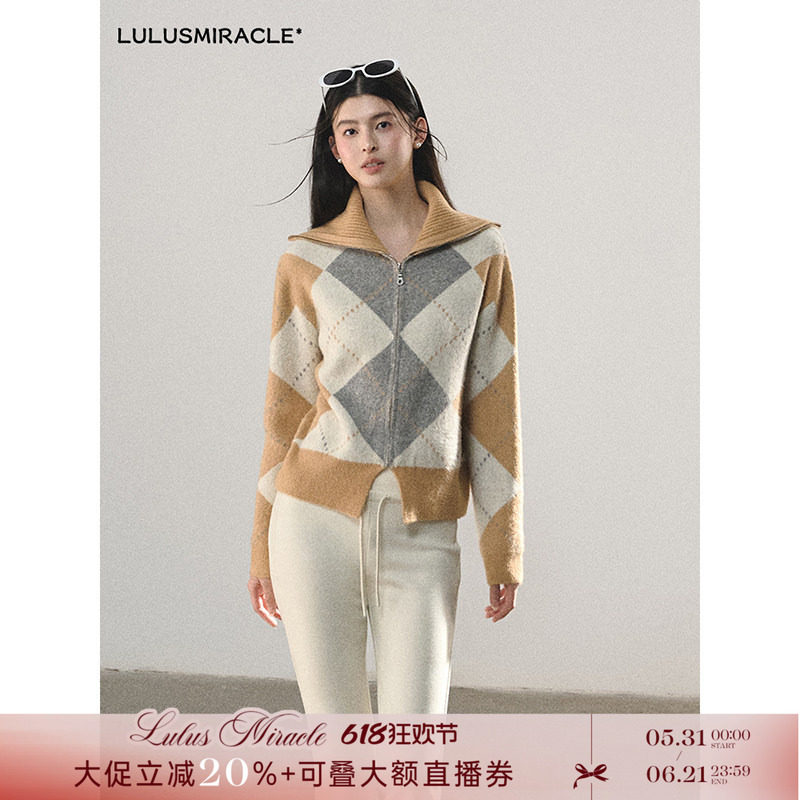 Lulusmiracle【挪威暖迹】春冬百搭翻领落肩菱格黄色毛衣外套外穿