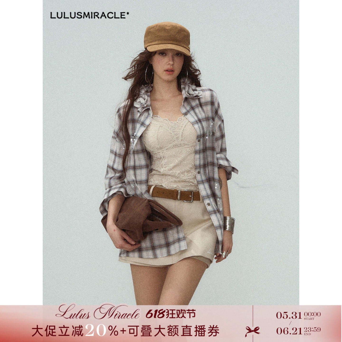LulusMiracle【朝花夕拾】夏季薄款格子防嗮衬衫上衣女宽松外套