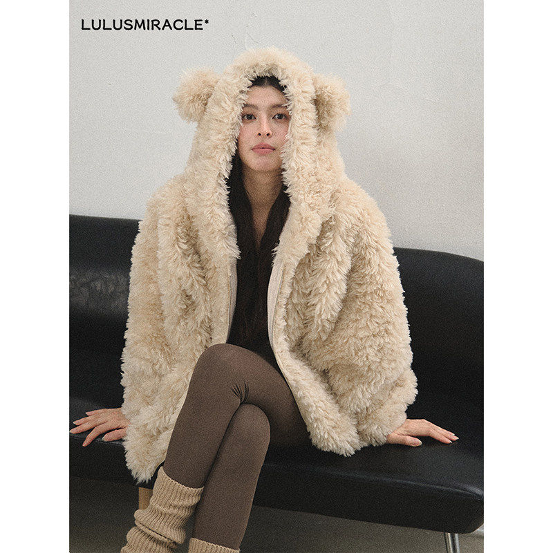 LulusMiracle【小羊肖恩】皮毛一体羊驼绒毛毛外套女圣诞连帽上衣