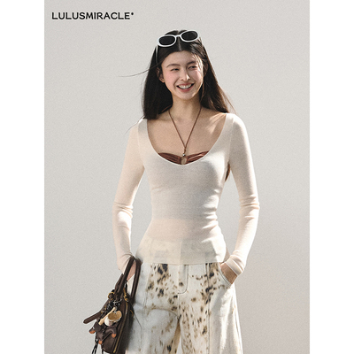Lulusmiracle【月光奏鸣曲】春季美式V领修身显瘦长袖罩衫打底衫