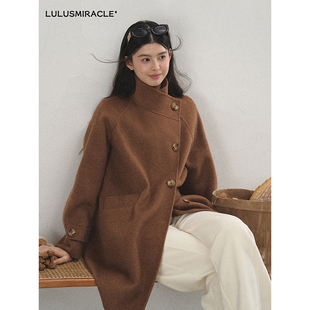 Lulusmiracle【松果与雪】纯绵羊毛双面呢大衣女棕色宽松毛呢外套