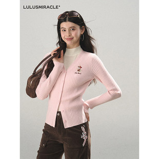 LulusMiracle【甜布利】甜美V领粉色针织开衫上衣女春季长袖毛衣