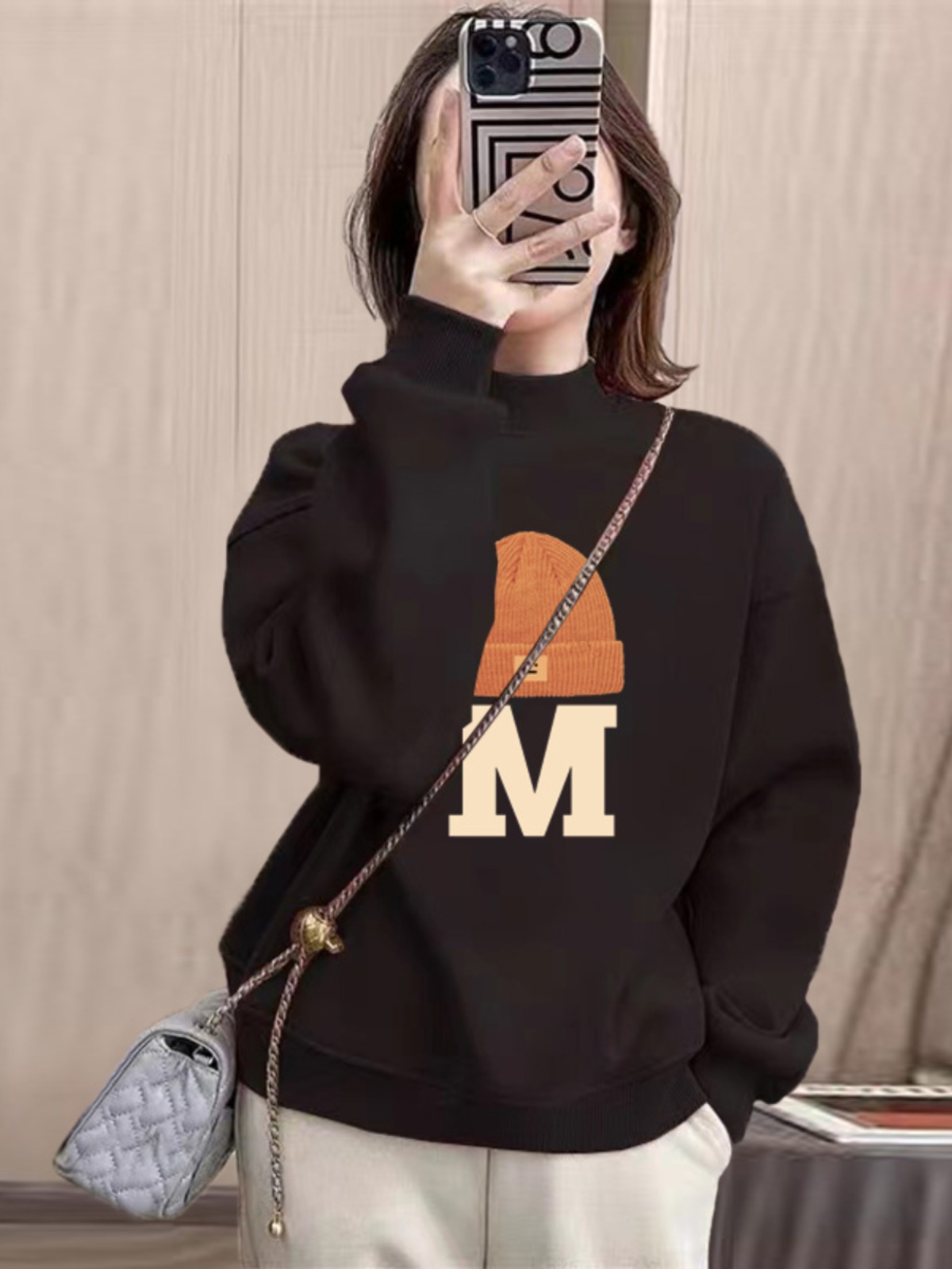 半高领卫衣女黑色个性印花2025新款爆款欧货宽松加绒加厚百搭上衣