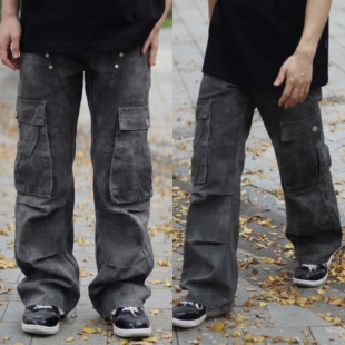 KZDALL街头设计感美式复古多口袋铆钉牛仔裤长裤百搭休闲宽松情侣