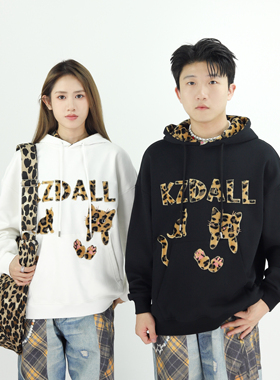KZDALL原创设计豹纹口袋猫贴布绣连帽卫衣秋冬加绒趣味宽松男女潮