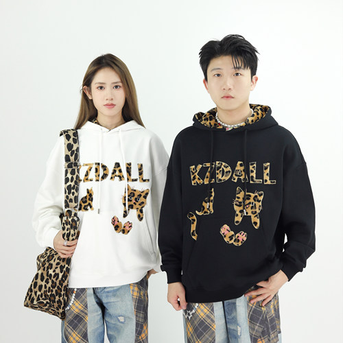 KZDALL豹纹口袋猫连帽卫衣