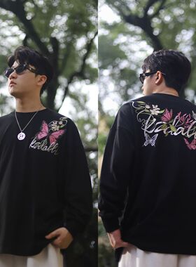 KZDALL原创设计花卉蝴蝶刺绣长袖T恤初秋美式街头宽松百搭男女潮