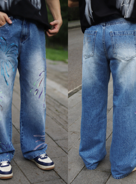 KZDALL原创设计烟花烫钻牛仔裤美式街头宽松印花直筒休闲长裤男女