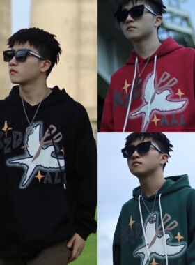 KZDALL原创设计燕子发泡印花连帽卫衣2023秋冬款复古宽松男女上衣