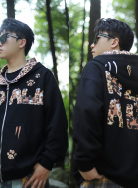 KZDALL原创设计豹纹小猫印花开衫拉链卫衣外套秋冬美式街头情侣潮