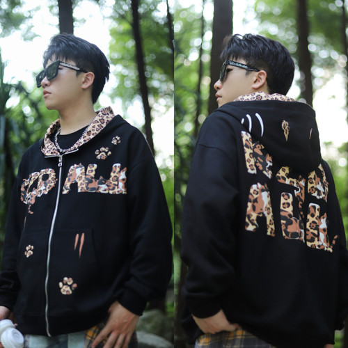 KZDALL豹纹小猫开衫拉链卫衣