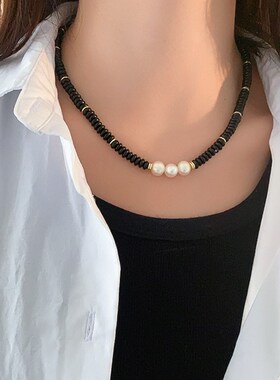 黑色串珠天然石项链2024新款时尚个性极简高P级感毛衣链珍珠锁骨