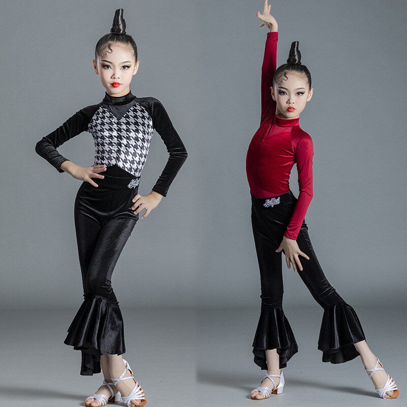 女童丝绒秋冬款长袖分体表演儿童少儿长袖套装拉丁裤演出比赛服装