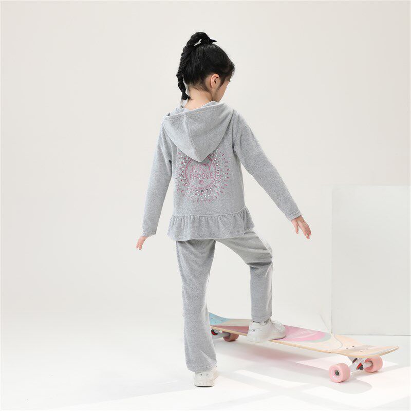 2023秋季新款女大童女孩时尚洋派天鹅绒套O装时髦连帽灰色运动服