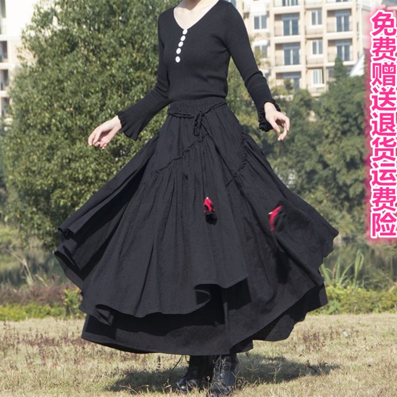 棉麻裙长84到100cm高腰显瘦多层不规则大摆舞裙半身裙长款春秋冬