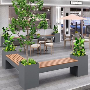 户外铁艺花箱座椅坐凳一体外摆花架广场商业不P锈钢花池可移动花