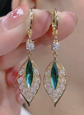 闪耀锆石绿色叶子百搭耳扣轻奢高级时尚气质耳饰2024年新款潮耳环