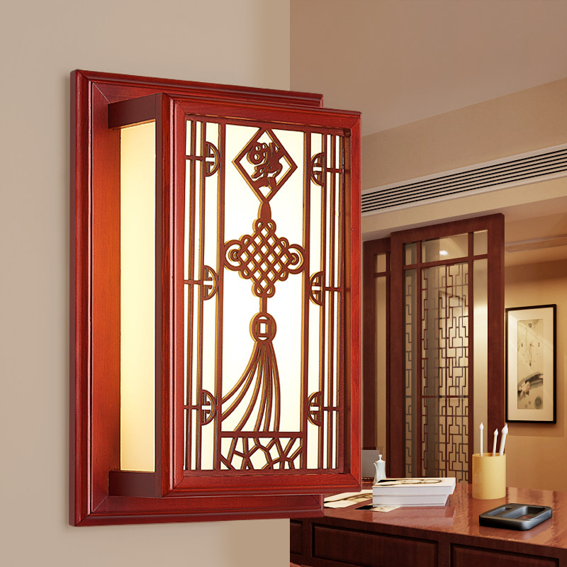 led现代中式壁灯简约古典楼梯灯 实木羊皮过道走廊门厅灯 床头灯