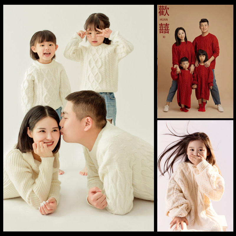 网红款亲子摄影主题照相服装影楼全家福新年红色麻花毛衣拍照童装