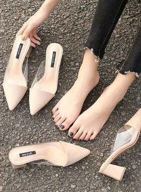 31网红尖头高跟拖鞋外穿女夏凉拖小码32 33透明半拖粗跟大码41-43