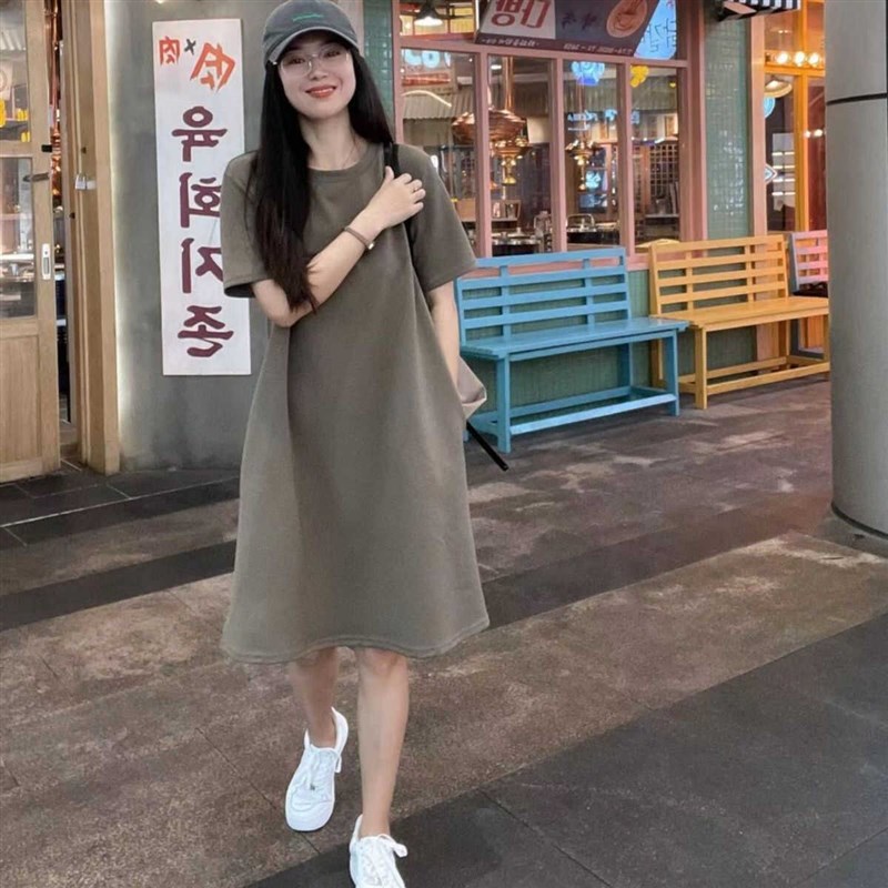 胖mm短袖孕妇t恤裙小个子夏装宽松中长款大码遮肚连衣裙休闲裙子