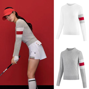 2025新款高尔夫女士百搭简约拼色气质修身圆领长袖针织高球棒球服