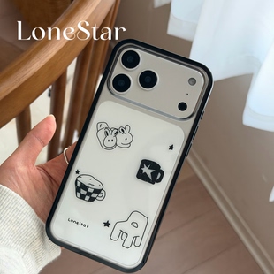 LoneStar原创日常手绘简笔画可爱小众百搭透明亚克力印花软壳适用苹果17promax全包大孔手机壳