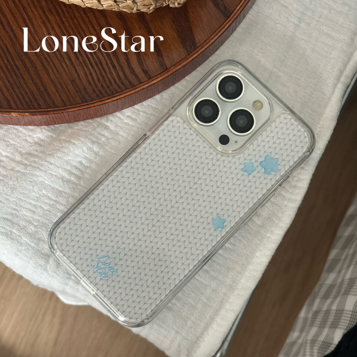 LoneStar原创毛线刺绣星星清新透明卡扣光面imd印花软壳适用苹果17promax全包手机壳