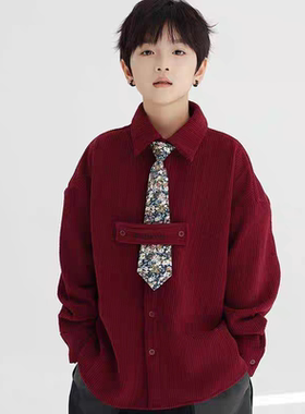 男童新款灯芯绒红色衬衫加厚2025中大童帅气衬衣绅士百搭男孩外套