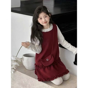 女童新年装连衣裙秋冬2026款中大童红色背心裙女孩小香风套装裙子