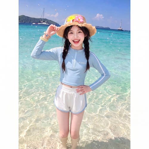 女童夏季速干防晒长袖分体泳装