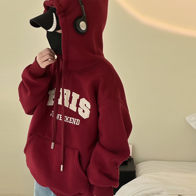 男童加绒卫衣秋冬连帽红色衣服