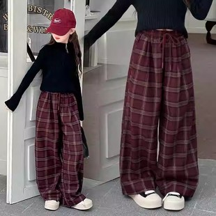 女童裤子毛呢格子加绒红秋冬款2025新款儿童中大童装宽松阔腿裤潮