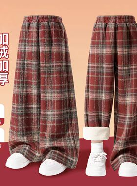 拜年服女童2026新款冬装加绒格子阔腿裤保暖马年红色中大儿童裤子